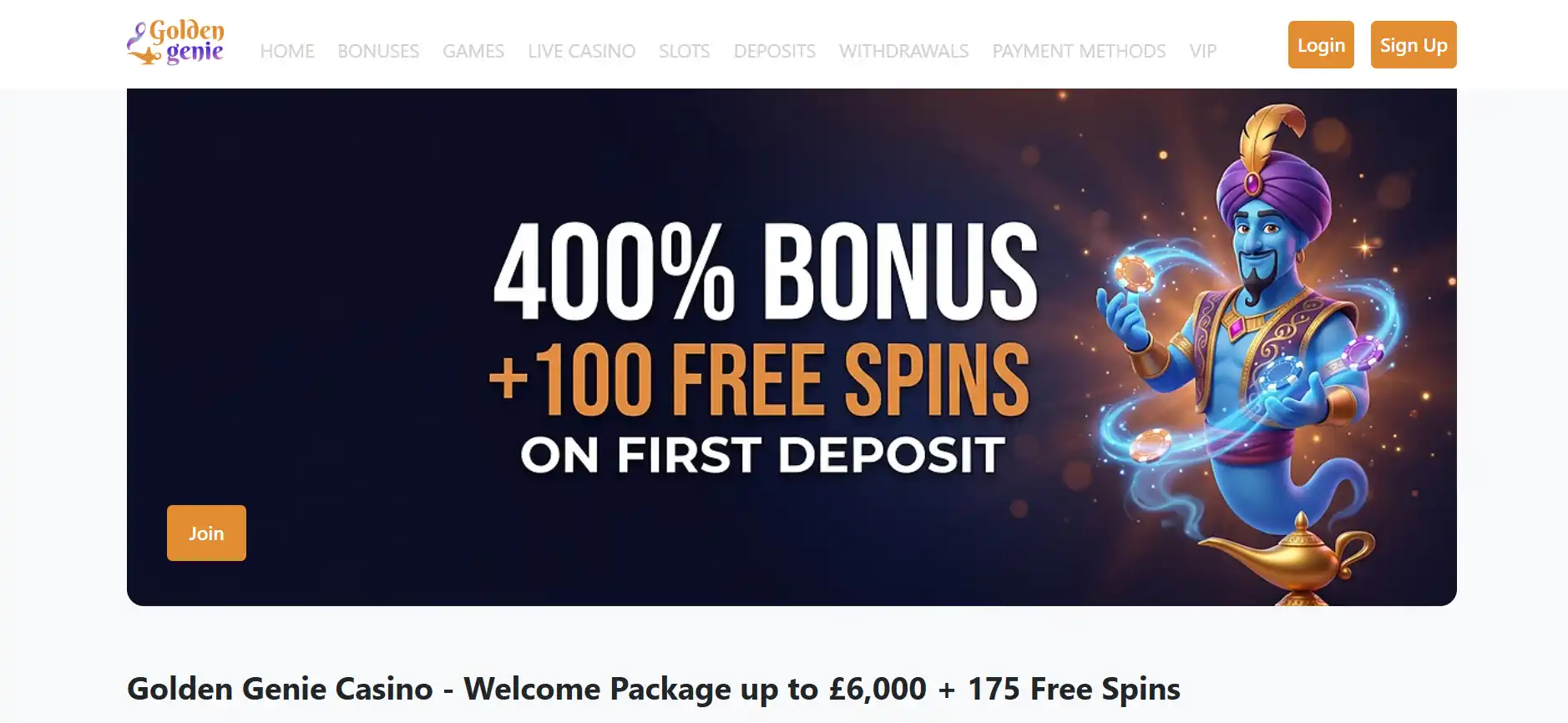 Golden Genie UK-facing homepage or casino lobby